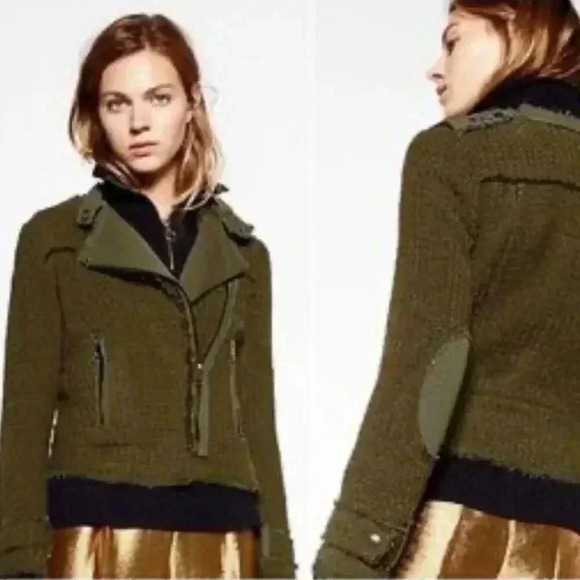 Zara Green Textured Weave Zip Jacket Distressed, Stud Detail small H53 - Picture 1 of 8